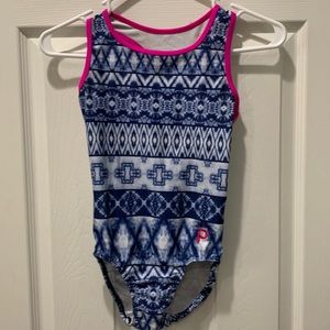 Adult XS small Plum leotard with blue pattern.